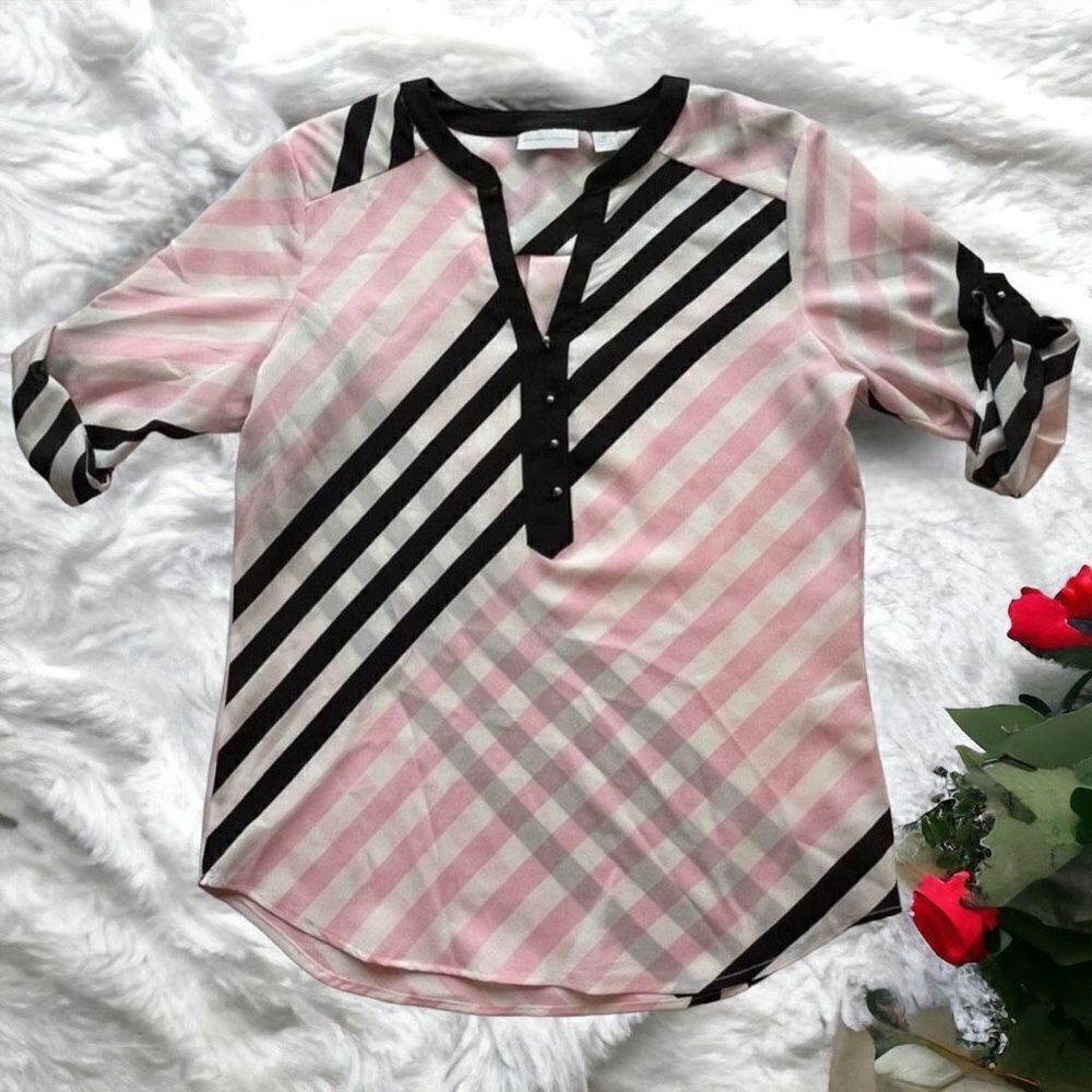 New York & Company Women's Stripe V-Neck Button Front Tunic Multicolor Size XS